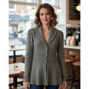 Moda International Cardigan Gray Wool Blend Button Front Sweater Size L